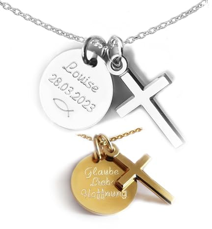 LATIGGA Minimalistische Kette, Kreuzanhänger & Gravurplatte