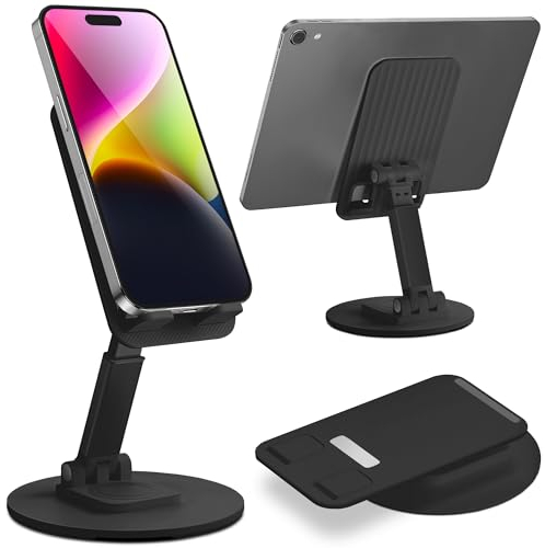 Empire Faltbarer Telefonständer für Schreibtisch - Höhenverstellbarer Metall Handy Ständer mit 360° Drehbarer Basis - Handyhalterung Kompatibel mit Allen iPhone und Android Smartphones (Schwarz)