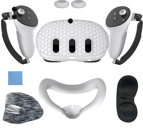 Silikon 7 Stuck Zubehör for Meta Quest 3 Schutzhüllen Set, Anti-Fall Abdeckung und Kratzfest Linsenschutz,Anti Rutsch Controller Griffe Cover, Face Pad Cover,Schweißband,Headset Schutzhülle