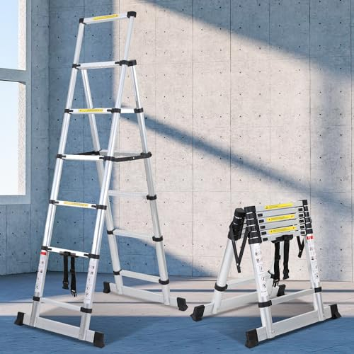 Izrielar Scala telescopica 1,7 m + 2,0 m, in alluminio antiscivolo, allungabile, scala a 5 + 6 gradini, scala multiuso, per pareti verniciate tetto, fino a 150 kg, colore argento