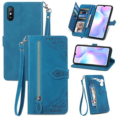 JayModCase Handyhülle für Xiaomi Redmi 9AT / Redmi 9A, PU Leder Magnetverschluss Handytasche, mit Reißverschlusstasche Ständer Kartenfächer Hülle Kompatibel mit Redmi 9A - Blau