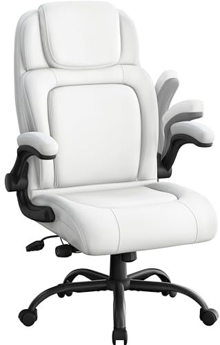 Yaheetech Faux Leather Executive Office Chair with Flip-up Armrests Large Cushioned Seat Task Chair Adjustable Ergonomic Desk Chair for Home Office White