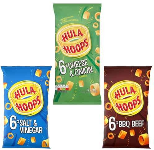 Hula Hoops Snack Crisps Multipacks, Salt & Vinegar 6 x 24g, Cheese & Onion 6 x 24g, BBQ Beef 6 x 24g, Cooked with 100% Sunflower Oil, No Artificial Flavours or Colours, No MSG, Suitable for Vegetarian