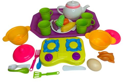 Set Cucina Giocattolo: Pentole, Padelle, Posate, Accessori, Fornello, Vassoio Chef, Pizza, Torta, Piattini, Cucchiaini, Tazzine per Bambini