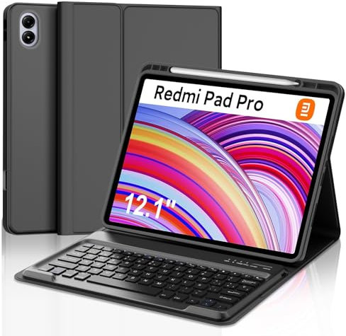 IVEOPPE Funda Redmi Pad Pro 12.1 con Teclado, Teclado Xiaomi Poco Pad 12.1 2024, Funda Teclado Español Ñ Desmontable Bluetooth para Xiaomi Redmi Pad Pro 12.1 2024, Negro