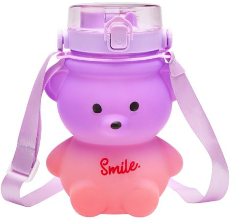 DAWRIS Kawaii Girls Water Bottle, 1100ml Cute Bear Bottle With Strap, Gradient Colorful Portable Travel Bottle for Sports, Kids