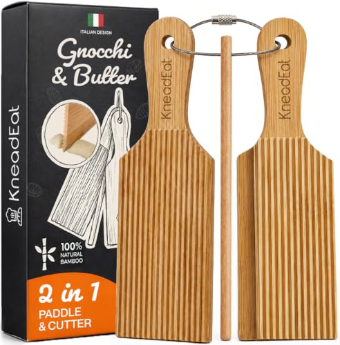 KneadEat Gnocchi-Brett und Butterpaddel-Set, authentische Bambus-Nudelroller-Werkzeuge für Gnocchi, Cavatelli, Garganelli, Cavarola, Gnocchi-Maker und Nudelbrett-Set aus Holz