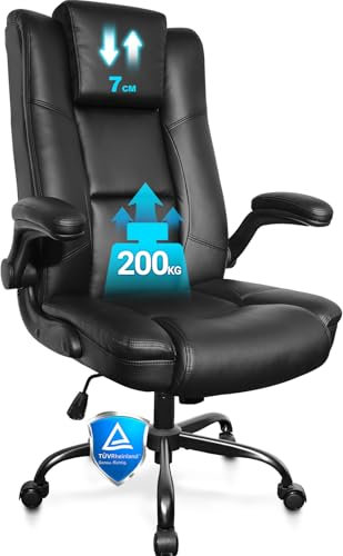 BASETBL Chefsessel Bürostuhl 200kg, Bürosessel PU-Leder mit breiter Sitzfläche. Großer und hoher Schreibtischstuhl, höhenverstellbarem Kopfstütze, klappbaren Armlehnen. Drehstuhl, Kunstleder