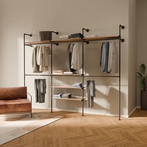 Pamo Kleiderstange Wandmontage 460 kg Traglast - offener Kleiderschrank industrial schwarz aus Metall Wasserrohren mit Böden aus massiver Eiche