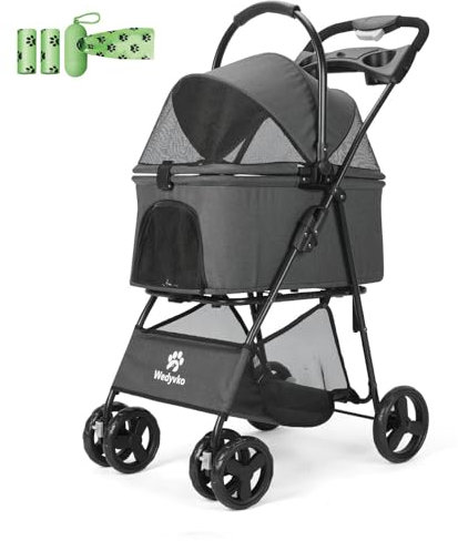 Hundewagen Hundebuggy Faltbar Travel Haustier Kinderwagen Pet Stroller mit Netzfenstern und Aufbewahrungskorb für kleine Mittele Hunde Haustiere Buggy (Dunkelgrau)