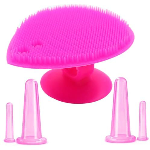 POFET Ventouses thérapeutiques en silicone pour le visage et les yeux - Ventouses de massage facial en silicone avec brosse exfoliante (rose)