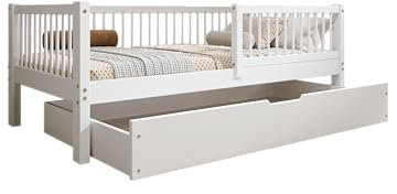 TIMBEE - Alfi Box - Kinderbett 90x180 mit Schublade - Bett Weiß - Einzelbett für Kinder mit Lattenrost und Rausfallschutz Abnehmbar - Belastbar bis 100 kg - aus Kiefernholz Klasse 1