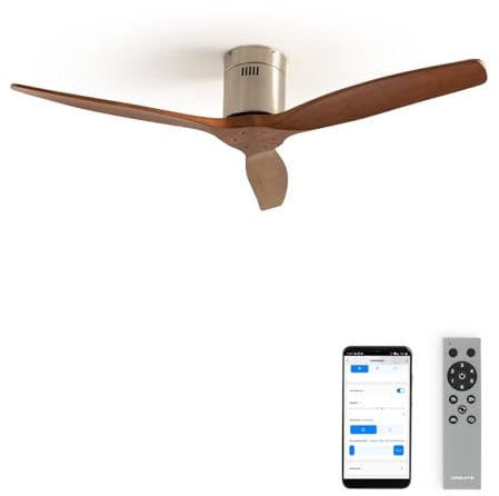 CREATE / WINDCALM NATURAL WOOD M/Ventilador de techo níquel aspas madera oscura con Wifi y mando / 40W, Temporizador, Ø132 cm, 6 velocidades, silencioso, función verano-invierno