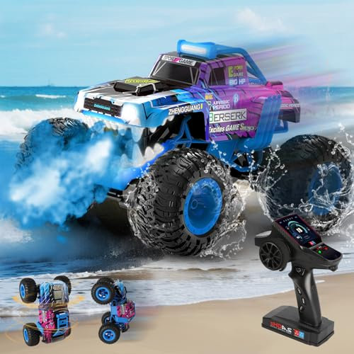 Charmofun Monster Truck Télécommandée 1:12, 30 KM/H Voiture Télécommandée Tout Terrain Amphibie, 4WD 360° Rotation RC Voiture Dinosaure avec Brume de Pulvérisation, Musique et Lumières LED