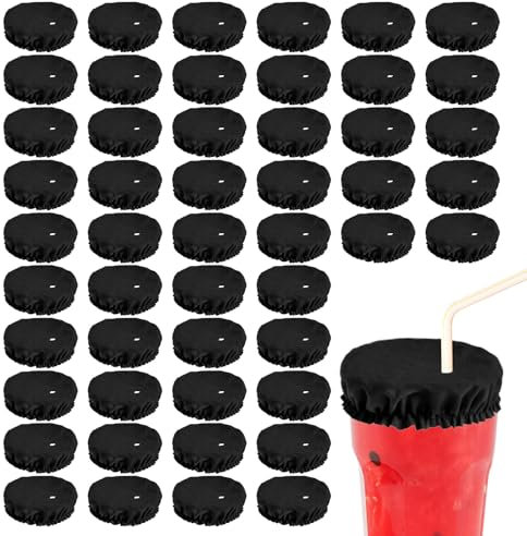 Tinoaly 50pcs Drink Covers, Polyester Elastic Stretchable Washable Drink Protector with Straw Hole Bottle Protection Accessories Fits Most Cups for Bar Club Party (Black)