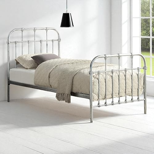 OAT Home Camden Metal Bed Frame, Victorian Hospital Style, Antique Brass or Silver Steel Effect, Single/Double/King Size (Silver Steel, Single)