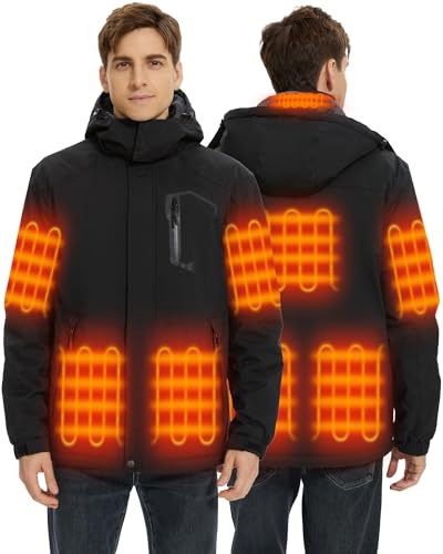 Hecusma Veste Chauffante Homme avec Batterie 18400mAh 12V, Veste Chauffante Homme avec 8 Zones de Chauffage, Vestes Randonnée Capuche Amovible Winddicht Wasserdicht für Ski Freien Winter, 2XL