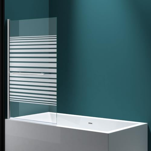 Durovin Bathrooms 1400 x 960mm Over Bath Shower Screen 180° Pivot Door Glass Panels & Screens for Baths, 6mm Toughened Safety Frosted Striped Glass, Towel Rail Handle Bar