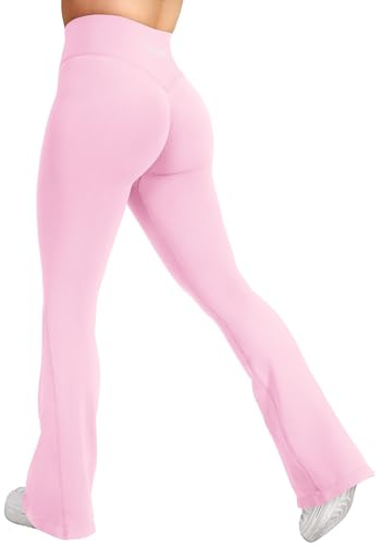 YEOREO Workout Mini Flare Leggings Damen Invisible Scrunch Schlaghose Push Up Sport Legging Hohe Taille Bootcut Nahtlose Fitness Leggings Gym Yoga Legging Rosa M