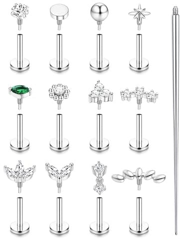 Krfy 16G/18G Helix Tragus Piercing Innengewinde Piercing Ohr 6/8MM | Gold Silber flat Piercing Helix, Chirurgenstahl Nasenpiercing Stecker, Labret Medusa Tragus Conch Piercing Ohr