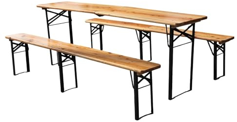 LLGWGL 3-Teilig Faltbare Bierzeltgarnitur Klappbar - 1 Klapptisch + 2 Bierbänke Wetterfeste Kiefer Massiv Platzsparend 200 kg Belastbar, für Festzelt Garten Biergarten Party BBQ,Natürlich (220 cm)