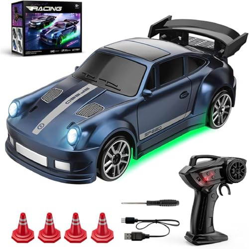 USMEI RC Drift Car, 1:64 Mini 4WD Ferngesteuerter Drift Car Auto mit Vollproportionalem Gas und Lenkung Und LED Leuchten, 15 km/h, Geschenk für Jungen ab 6 Jahren (Blau (E85))