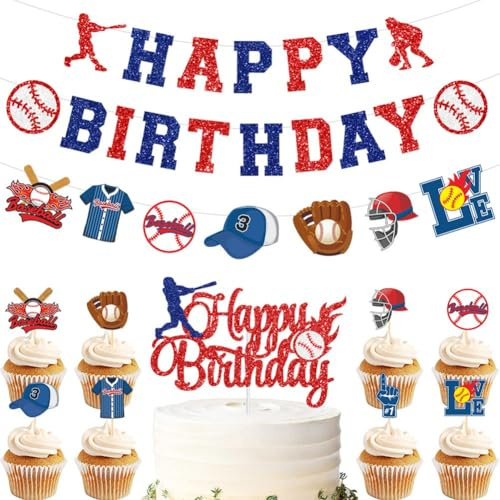 URPIZY Baseball Geburtstag Party Deko Set für Jungen mit Happy Birthday Banner und Kuchen Topper, 3 Banner, 9 Stück