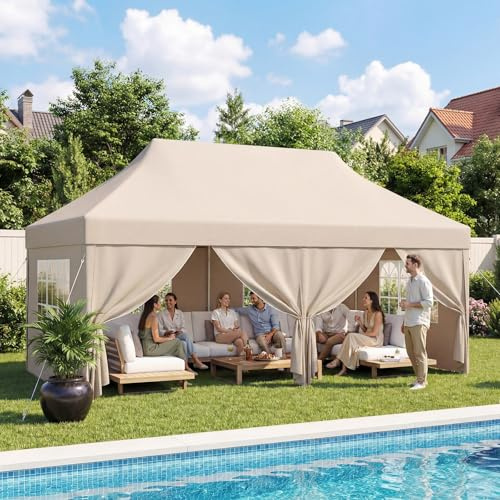 DEVOKO Gazebo with Sides 3m x 6m, Adjustable Height Marquee, Waterproof Oxford Fabric Canopy, Sturdy and Durable Tent Structure for Weddings, Outdoors, Gardens, and Parties, Beige