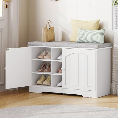 Fobyfurny Sitzbank mit Stauraum, Schuhbank, 80 x 34 x 55 cm, Leinenweiß | Schuhschrank mit Sitzfläche, 9 Fächer, verstellbare Einlegeböden, für Flur, Schlafzimmer, Wohnzimmer, FFXD001PW1