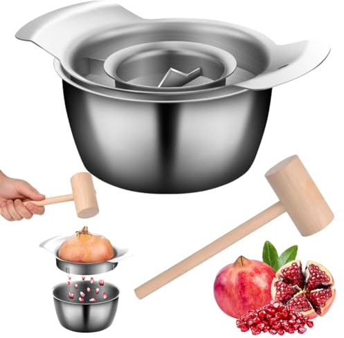 Granatapfel Entkerner Set aus Edelstahl mit Schüssel und Holzhammer – Granatapfel Schäler, Entkerner & Öffner, Pomegranate Aril Entferner, Rutschfest, Leichtes Schälen und Entsaften für Küche