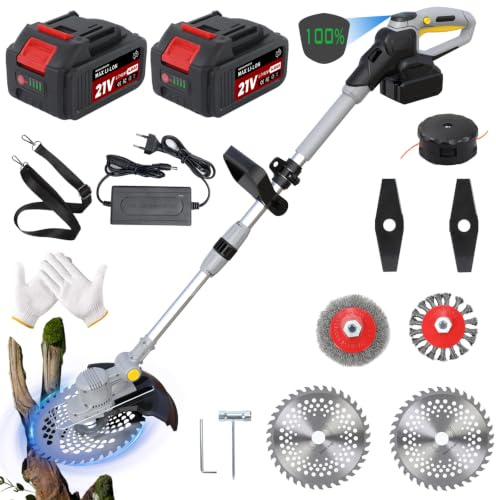 Akku Rasentrimmer für Makita Akkus, 5 in 1 Rasentrimmer mit Akku und Unkrautbürste, 21V Freischneider Akku, mit 2 X 4.0Ah Batterie & Ladegerät, 750W Bürstenloser Motor, Tap&go (grau)