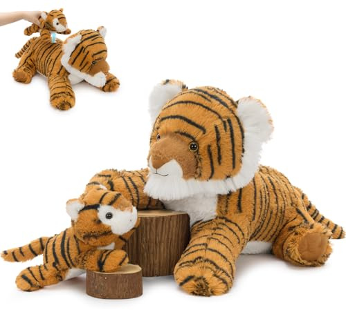 MorisMos groß Tiger Kuscheltier XXL mit Magnet, 45cm weich riesen Tiger Stofftier Plüschtier mit one Plüschbaby, Geburtstag Weihnachten Geschenk für Kinder Baby