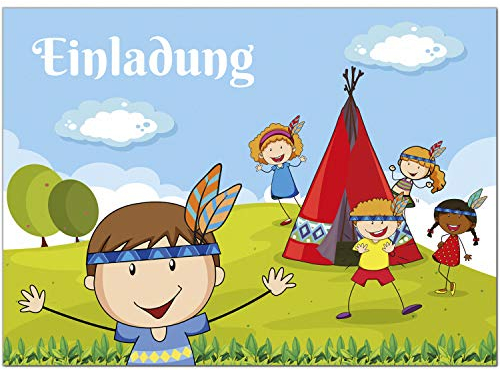 8 Einladungskarten Kindergeburtstag mit Umschlägen, Indianer-Party, Karte Geburtstag Einladung zum Ausfüllen