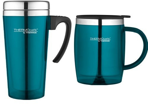 ThermoCafé by Thermos Soft Touch Travel Mug, 420ml - Lagoon with ThermoCafé Plastic and Stainless Steel Desk / Travel Mug, 450 ml - Lagoon