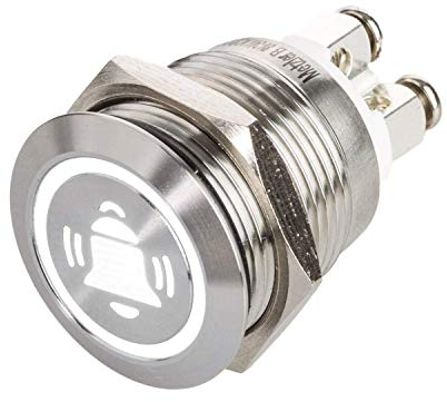 LED Drucktaster mit Glocken-Symbol, Einbau Ø 19 mm flacher Edelstahl-Taster mit farbig beleuchtetem Glocken-Symbol und Schraubkontakten, wasserdicht IP67, AC/DC (Weiß)