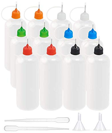 BENECREAT Lot de 12 flacons applicateurs de précision polyvalents de 118 ml avec compte-gouttes et entonnoirs en plastique – Quilling, applicateur de colle, flacon d'huile 6 couleurs (12 embouts)