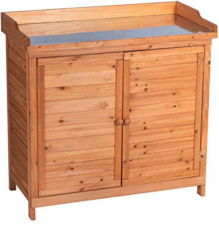 Good Life Aufbewahrungsschrank aus Holz für den Außenbereich, Garten, Terrasse, wasserdicht, Werkzeugschuppen mit Pflanzbänken, Arbeitsplatz, Tisch, Naturfarbe