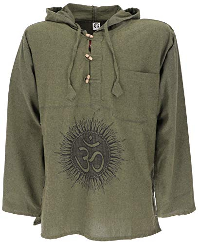 GURU SHOP Yoga Hemd, Goa Hemd Om, Sweatshirt - Olive/schwarz, Herren, Baumwolle, Size:L