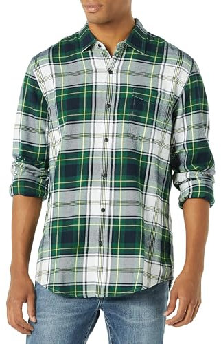 Amazon Essentials Men's Long-Sleeve Flannel Shirt (Available in Big & Tall), Green White Plaid, L