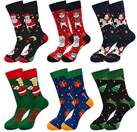 Chaussettes Fantaisie Homme Cadeau Noël: Chaussettes de Noël en Coton Homme Chaussettes Rigolotes Motif Drôle Colorées, 39-45, 6 Paires