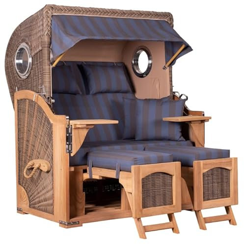 MR. DEKO® Strandkorb Düne Teak 2-Sitzer Bullauge | PE Geflecht Grey | Volllieger Strandstuhl verstellbar | inkl. 4 Kissen Wechselpolster | Strandkörbe fertig montiert aus Teakholz | (Dessin 582)