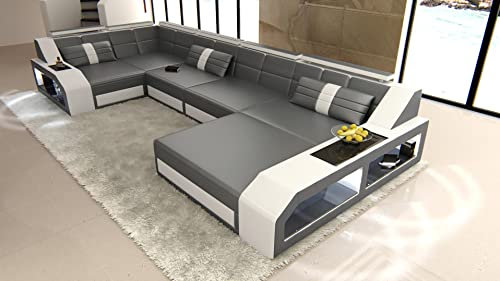 Sofa Wohnlandschaft Arezzo U Form Leder - mit LED Beleuchtung, verstellbare Kopfstützen, Recamiere/Lederfarben wählbar/Ausrichtung Ottomane wählbar (Ottomane rechts, Grau-Weiß)