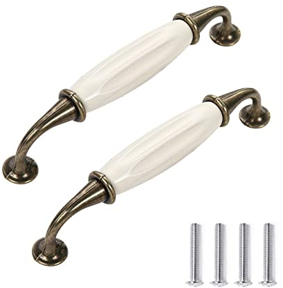 SYDARSYN 2 Stück Schrankgriff Vintage Keramik Weiß Bogengriffe Türknöpfe Schubladengriff Möbelgriff Küchengriff Antik Schrank Griffe Ziehgriff 128mm