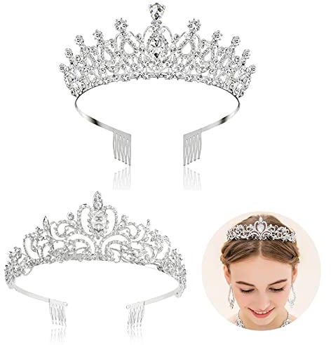 2 Stück Tiara Kristallkrone mit Strasskamm, XIACIBDUS Hochzeit Tiara Krone Diadem, Silber krone damen, Kristall Strass Braut Prinzessin Kronekrone für Abschlussball Partys Geburtstagsfeier Dekoration