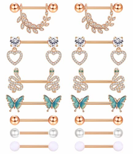 Adramata 7 Paare 14G Nippelpiercing für Frauen, Chirurgenstahl Nippelpiercing Schmuck, CZ Ball Herz Schmetterling Schlange Nippel Zunge Bars Körper Piercing Schmuck,RG