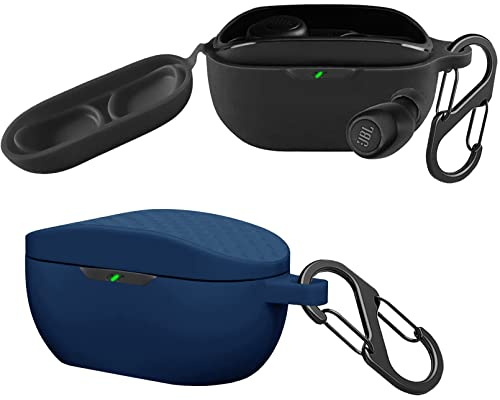 easyBee 2 Pacchi Cover Custodia in Silicone Compatibile con JBL Wave Buds/JBL Vibe Buds Cuffie Bluetooth e 2 Moschettone Portachiavi, Protezione Completa Antiurto - Nero e Blu