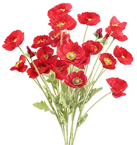 Amapola Artificiales de Seda Con Tallos - Flores de Imitación Realistas Para Decoración del Hogar, Cocina, Boda, Oficina y Centro de Mesa