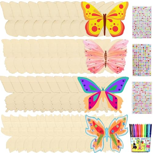 Mecctuck Schmetterling Basteln, 40 Stück Bastelset Kinder, Deko Kindergeburtstag, Holz Schmetterling mit Abziehbilder Stift Glitzerband, Holz Schmetterlinge Basteln für Kinder DIY Party Hochzeit