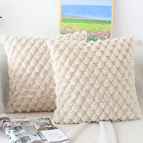 NIULAA Flauschig Kissenbezug 50x50 Beige 2er Set Plüsch Deko Kissenbezüge Weich Gestreift Kissenhülle Luxus Pelz Dekokissen Sofakissen Zierkissen Kuschelig Kissen Bezüge Wohnzimmer Sofa