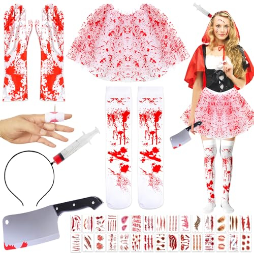TOPJOWGA Halloween Blut Kostüm Deko Set, 38 Stück Halloween Kostüm Accessoire, Horror Haarreif, Blutige Knie-Strümpfe, Tutu-Röcken, Handschuhen, Tattoo-Aufkleber, Machete, Halloween Zombie Cosplay
